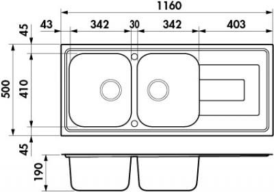 Plan Evier en inox Luisina Debussy EV4821 IL finition luisinox couleur inox lisse 1160x500 avec 2 cuves vidage manuel égouttoir réversible